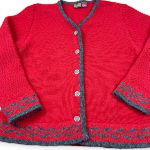 SWEATERMAN Laumann Norwegian New Wool Cardigan Sweater Red Gray Medium - Picture 2 of 9